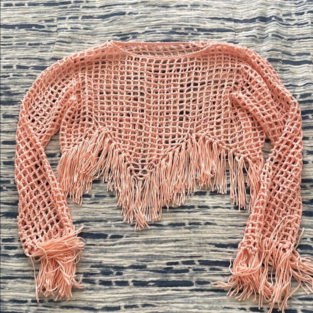 SHEIN Pink Crochet Fringe Swim Coverup